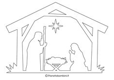 the nativity scene is outlined in black and white