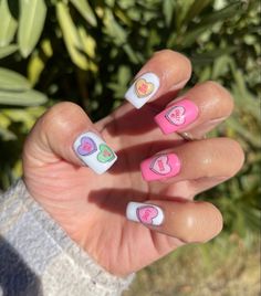 Conversation Heart Nail Art, Sweetheart Nail Art, Valentine Conversation Heart Nails, Candy Heart Nail Designs, Heart Lollipop Nails, Sweet Heart Candy Nails, Love Heart Sweet Nails, Valentines Day Nails Pastel, Valentines Candy Nails