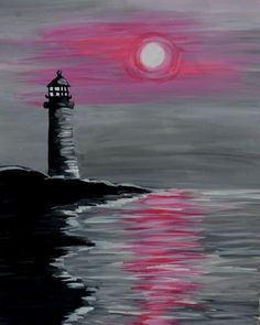 a painting of a lighthouse with the sun setting in the background and water reflecting off it's surface