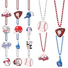 several baseball themed necklaces are hanging from beads