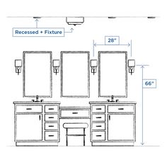 a bathroom with two sinks and three mirrors on the wall, measurements for each sink