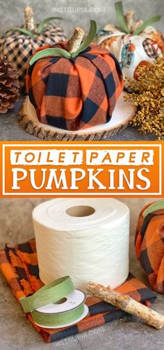 toilet paper pumpkins are sitting on top of the floor next to rolls of yarn