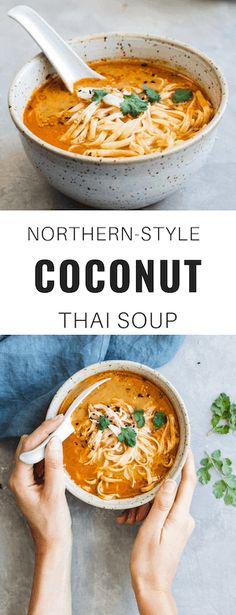 two bowls of coconut soup with the title text reads northern - style coconut thai soup