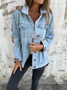 Patchwork Denim Jacket, Long Denim Jacket, Patchwork Denim, Black Denim Jacket, Denim Patchwork, Suits Coats, Makeup Brush Set, Womens Fall, Casual Jacket