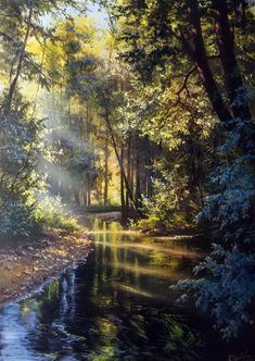 the sun shines brightly through the trees and over the water in this beautiful painting