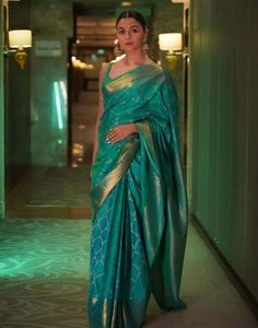 Type: Saree Saree Color: Jungle Green  Blouse Color: Jungle Green  Saree Length: 5.5 Mtrs Blouse Length: 0.80 Mtr Fabric: Silk Work: Zari Weaving Care Instruction: Hand Wash Product Code: 63425 Indian Wedding Sari, Modern Saree, Party Sarees, Wedding Saree Indian, Saree Trends, Elegant Saree, Stylish Sarees, Kanchipuram Saree