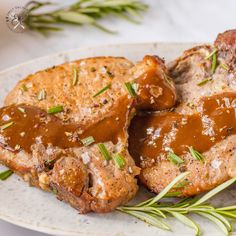 two pieces of meat covered in gravy on a plate