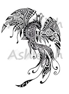 a black and white drawing of a bird with intricate designs on it's wings