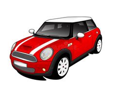 a red mini car with white stripes on the front and side view royalty illustration stock illustration