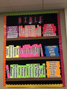 a bulletin board with books on it in a classroom setting that is decorated like a book shelf