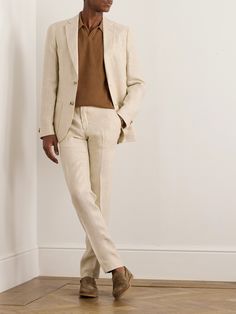 DESIGNED BY MR PORTER. Mr P. designs smart, foundational staples you'll reach for year after year. Ideal for warm-weather events, these 'Philip' suit trousers are cut slim from airy linen and have unfinished hems that allow you to customise the break. Lower Impact Materials. This product is made using at least 50% lower-impact materials or ingredients. Find out more about our Consciously Crafted criteria here. Linen Wedding Attire, Groom Suit Summer, Wedding Dresscode, Paisley Suit, Cream Suit, Linen Pants Outfit, Mens Wedding Attire, Outfits Wedding, Mens Slacks