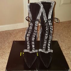 Black/Gray Heeled Boots, Never Worn Only Tried On And Walked In For Fit. Brand New With Box. Excellent Condition Fits More Like A Sz. 10 Winter Evening Lace-up Heels, Lace-up Evening Heels For Winter, Gray High Heel Party Boots, Gray High Heel Boots For Party, Fox Shoes, Paper Fox, Grey Heels, Size 11 Heels, Shoes Heels Boots