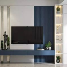 a modern living room with blue and white striped walls, an entertainment center and a large flat screen tv mounted on the wall