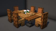 a wooden table and chairs made out of pallet wood with minecraft blocks on top