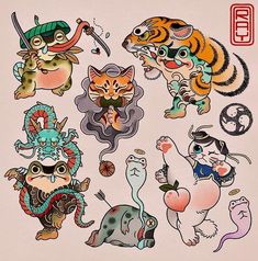 an image of chinese zodiac signs with cats and animals on it's back side