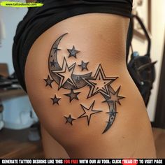 a woman's thigh with stars and moon tattoo on it