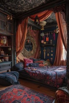 a bed room with a neatly made bed and lots of curtains on the windowsill