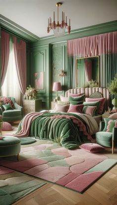 a bedroom decorated in green and pink with lots of pillows on the bed, couches and chairs