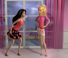 two barbie dolls standing next to each other in front of a pink wall and window