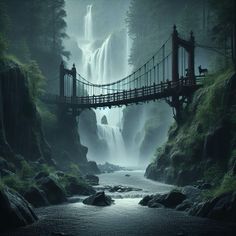 a bridge over a river with a waterfall in the background