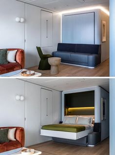 two pictures of the same room in different rooms, one with a bed and another with a couch