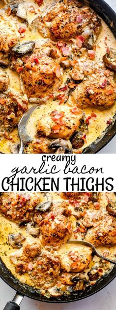 chicken thighs in a skillet with text overlay that reads creamy chicken thighs