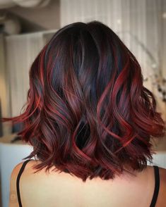 Partial Hair Color Ideas, Red And Black Hair Medium Length, Hair Color With Highlights, Red Highlights In Brown Hair, Color With Highlights, Black Cherry Hair Color, Black Cherry Hair, Red Balayage Hair, Cherry Hair Colors