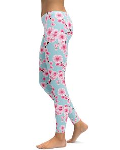 Womens Workout Yoga Japanese Cherry Blossom Leggings Blue/Pink/White | Gearbunch.com Spring Yoga Bottoms With Floral Print, Spring Floral Print Yoga Bottoms, Floral Print Yoga Bottoms For Spring, Spring Floral Print Stretch Leggings, Fitted Floral Print Leggings For Spring, Pink Bottoms For Yoga In Spring, Pink Bottoms For Spring Yoga, National Flower, Japanese Cherry Blossom