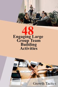 the cover of 48 engaging large group team building activities, with people working on laptops