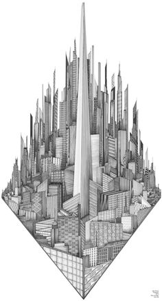 a pencil drawing of a city with skyscrapers in the middle and one building on top