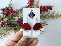 "This earring is made of matte white acrylic and red glitter acrylic.  The earring length is 1.6\", not including the hook" Glitter Acrylic, Resin Projects, Glitter Acrylics, Earring Tree, Wristlet Keychain, The Hook, Wedding Jewelry Earrings, Red Glitter, White Acrylic