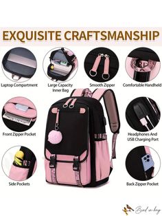 BirdinBag - Waterproof Preppy Functional Backpack with Two Tone Design and Letter Graphic Rectangular Waterproof Backpack For Students, Pink Backpack For Outdoor Use, Portable Pink Backpack For Outdoor Use, Multifunctional Pink Backpack For Outdoor Activities, Multifunctional Pink Backpack For Outdoor, Pink Outdoor Backpack, Multifunctional Pink Outdoor Backpack, Outdoor Pink Lightweight Backpack, Pink Waterproof Backpack