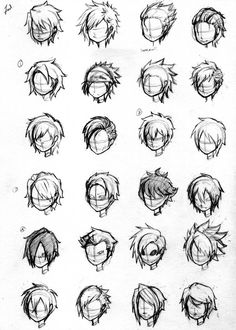 some sketches of different faces and hair for the character's head, which is drawn in