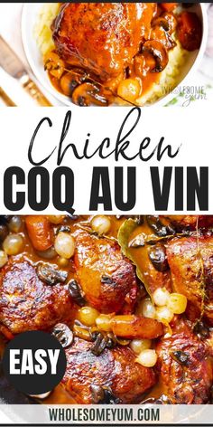 chicken coq au vin recipe with text overlay