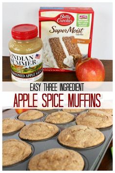 apple spice muffins with apples in the background and an image of cinnamon sugar on top