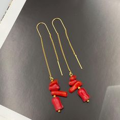 These are simple and beautiful Red Coral Thread Earrings.  Measurements: Length: 75 mm (2.95 inches) Made from red chips sea bamboo coral (Imitation of Coral) on 18K gold & 925 Sterling Silver Threaders. These earrings would be a PERFECT GIFT for you and your family and friends! Come beautifully packaged in a gift box!  Thank you for your visit! Red Coral Threaders, 18K Gold Sterling Silver Threaders, Long Dangle Red Earrings, Dainty Jewelry for Women, Minimalist Handmade Earrings Halloween, Hal Autumn Necklace, Bamboo Coral, Christmas Necklace, Earrings Halloween, Thread Earrings, Coral Earrings, Earrings Dainty, Red Earrings, Threader Earrings