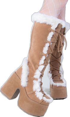 CAMEL-311 Camel Fluffy Faux Suede Boots-Demonia-Tragic Beautiful Winter Brown Knee-high Platform Boots, Winter Knee-high Brown Platform Boots, Brown Winter Platform Boots, Brown Boots With Faux Fur Trim, Trendy Brown Winter Platform Boots, Trendy Brown Platform Boots For Winter, Winter Suede Boots With Faux Fur Trim, Fluffy Casual Winter Boots, Casual Fluffy Winter Boots