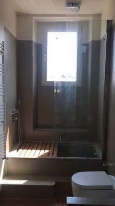 a bathroom with a toilet, tub and shower in it's stall area next to a window