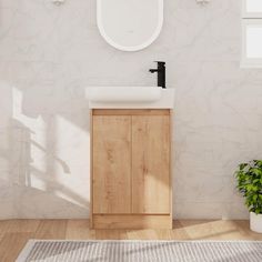 a bathroom with a sink, mirror and potted plant on the floor in front of it