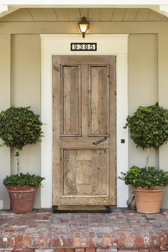 two potted plants are next to a wooden door