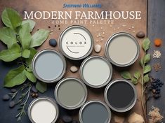 the modern farmhouse home paint palette is on display next to some leaves and nuts, along with other items