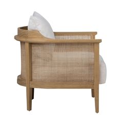 a wooden chair with a white pillow on it's back and armrests