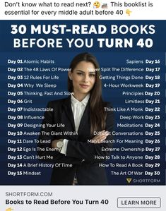 a woman in a business suit with the text 30 must read books before you turn 40