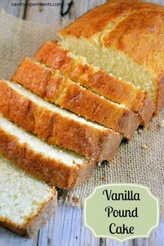 a loaf of vanilla pound cake sitting on top of a wooden table