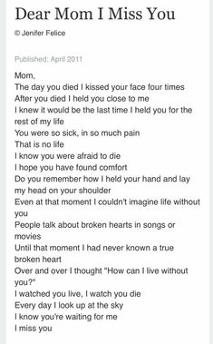 a text message with the words dear mom i miss you written in black and white