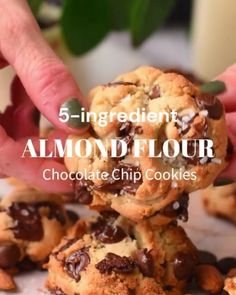 chocolate chip cookies stacked on top of each other with the words 5 ingredient almond flour