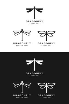 the dragonfly logo is designed in black and white, with three different color variations