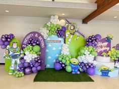 balloons and decorations in the shape of characters for a birthday party