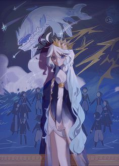 an anime character is standing in front of a group of people with long white hair