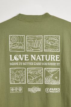 Love Nature tee by Parks Project. Nature-inspired tee features graphics at the chest pocket and back, complete with a ribbed crew neck and short sleeves. Features Love Nature tee from Parks Project Front and back graphics Ribbed crew neck Chest pocket Short sleeves Content + Care Cotton Machine wash Imported Size + Fit Measurements taken from size Medium Chest: 22" Length: 28" | Parks Project Love Nature Tee in Fern, Men's at Urban Outfitters Vintage Tee Shirts For Women, Earthy Graphic Tees, Screen Printed Shirt, Nature Graphic Tees, Nature Clothing, Business Merch, Simple Shirt Designs, Parks Project, Colorado Tshirt